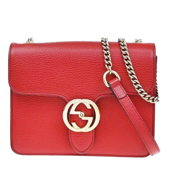 GUCCI Logo Interlocking G Chain Mini Shoulder Bag Leather Red GHW Italy - Picture 1 of 16